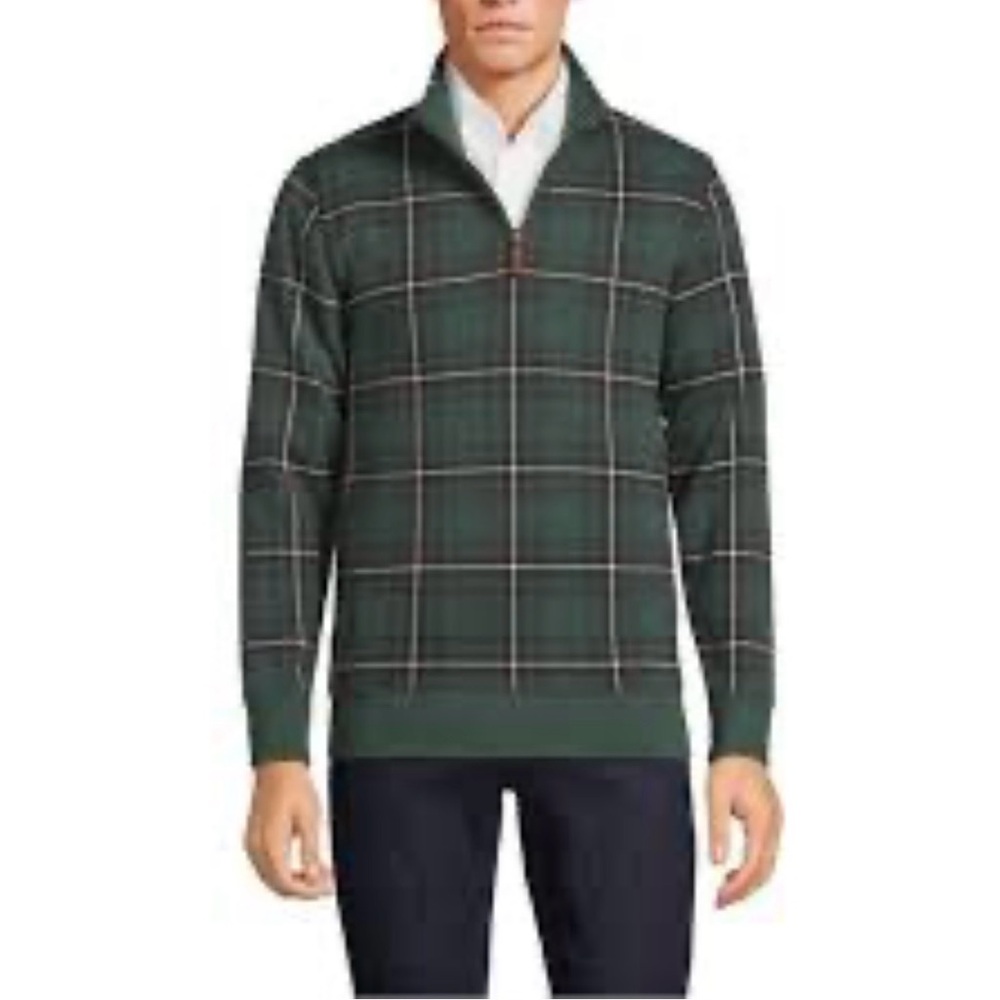 LANDS' END Men Bedford Green Plaid 1/4 Zip Pullover Sweatshirt Prep Bloke MED